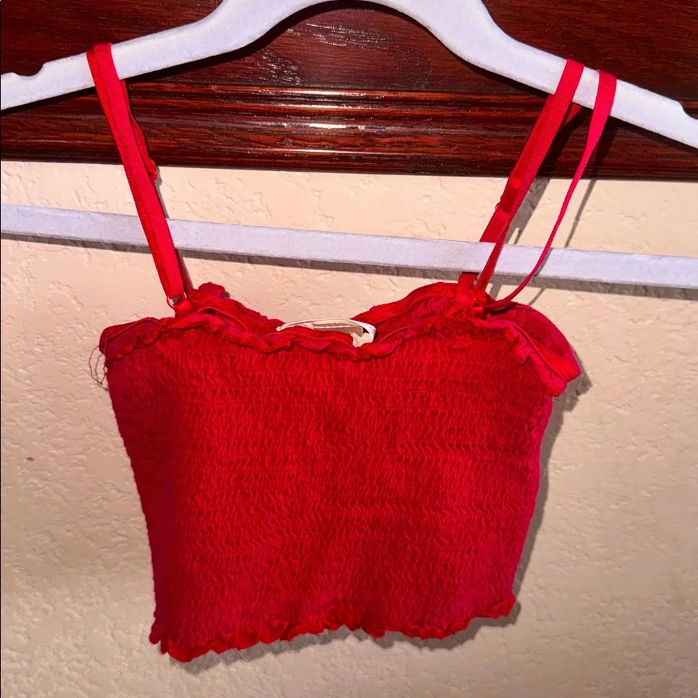 Bozzolo Red Ruffled Crop Top Tank Top Crinkle Y2K Ruffled Spaghetti Strap Shirt - Picture 3 of 3